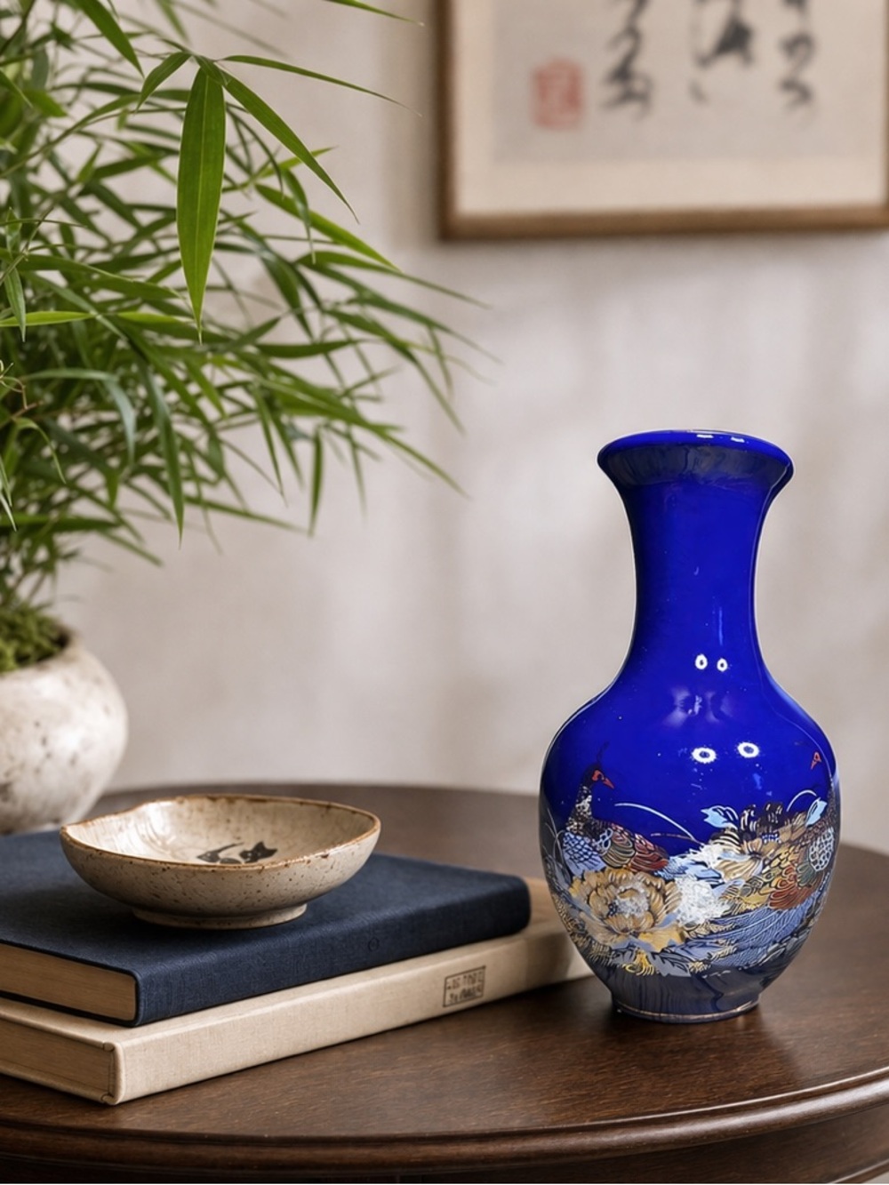 Vintage Japanese Cobalt Blue Porcelain Vase with Peacock Design